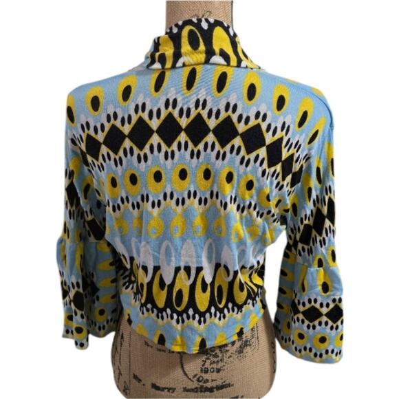 VENINI Women's‎ Cropped Open Front Cardigan Yellow Blue Colorful Print 70s 60s - Picture 5 of 8